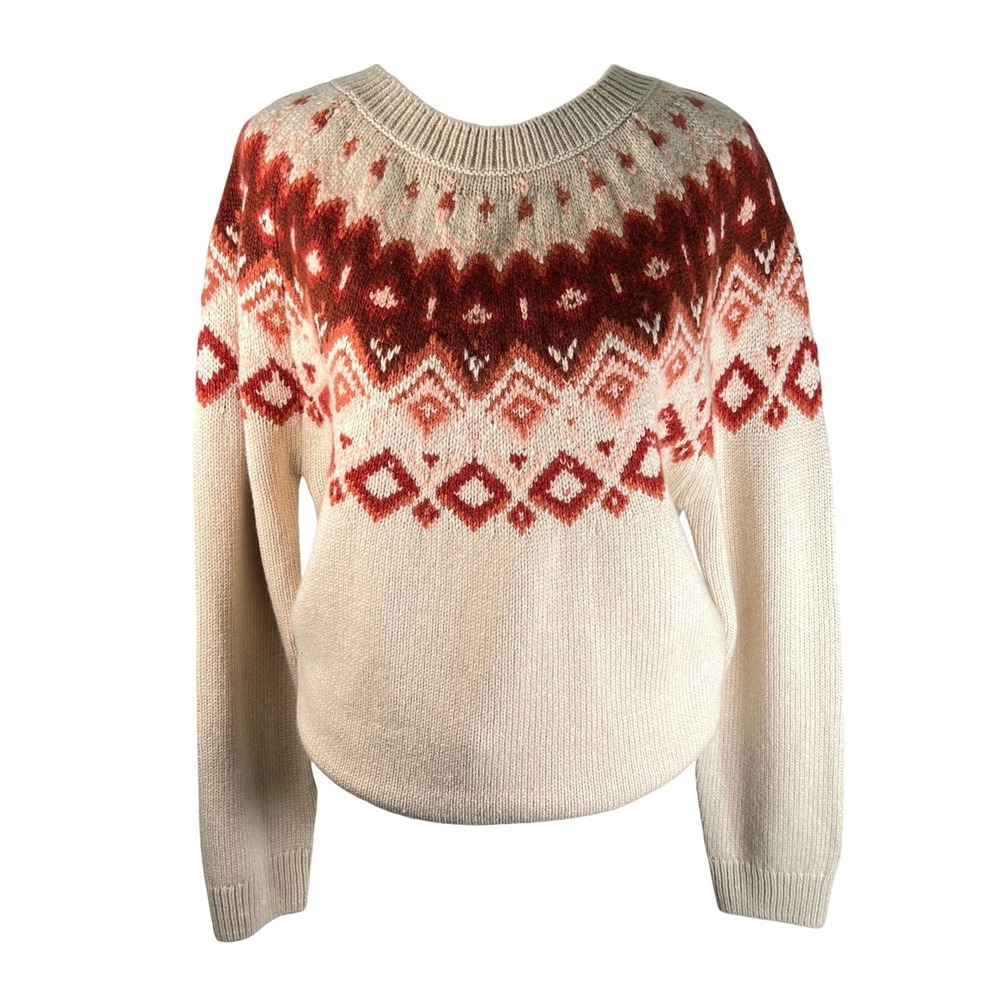 Orvis Womens Fair Isle Wool Cashmere Blend Sweater Cream Rust Large